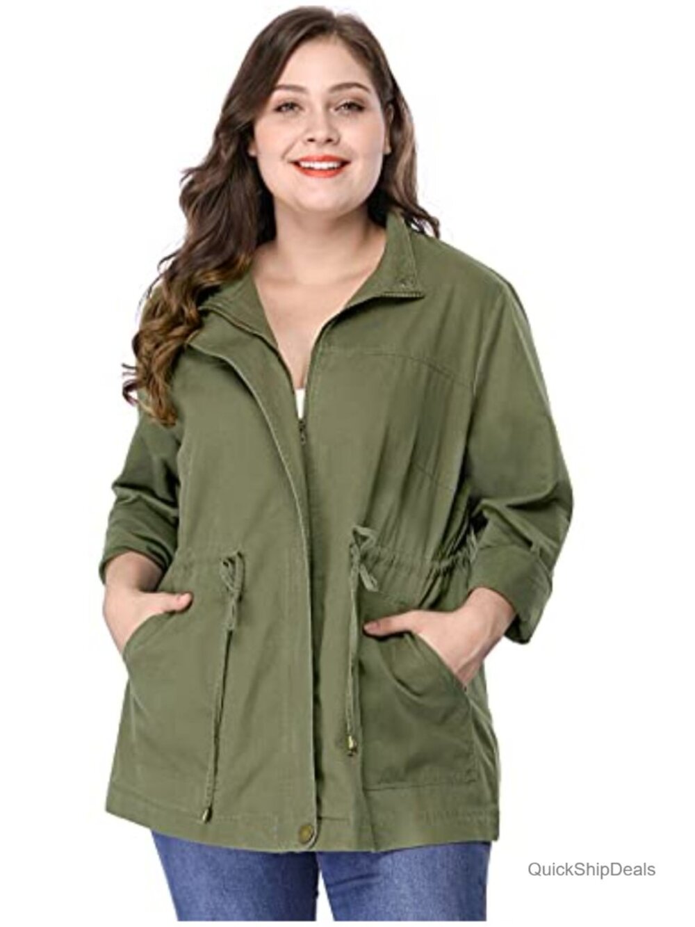Women's Plus Size Anorak Jacket Lightweight Utility Drawstring Waist Casual